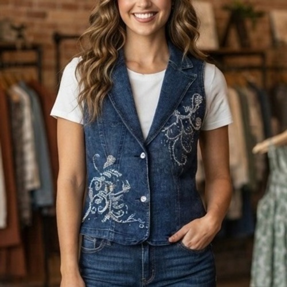 90s Katina Marie Denim Vest Rhinestone Women M Dark Wash Made in USA Western